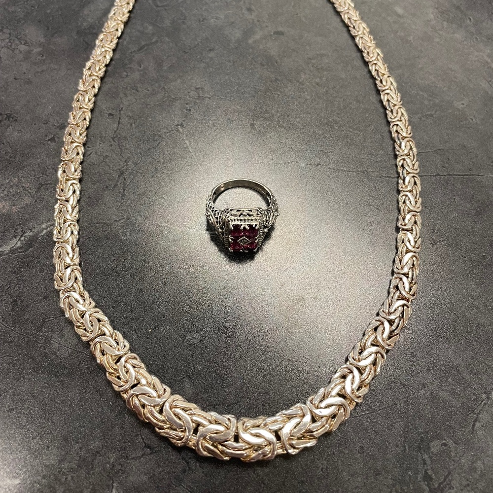 Sterling Silver Byzantine Chain and Pink Tourmaline Art Deco Ring